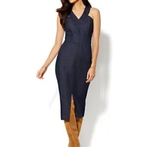 New York & Company Topstiched Dress - Denim Looks Dark Premium Blue Wash sz 6